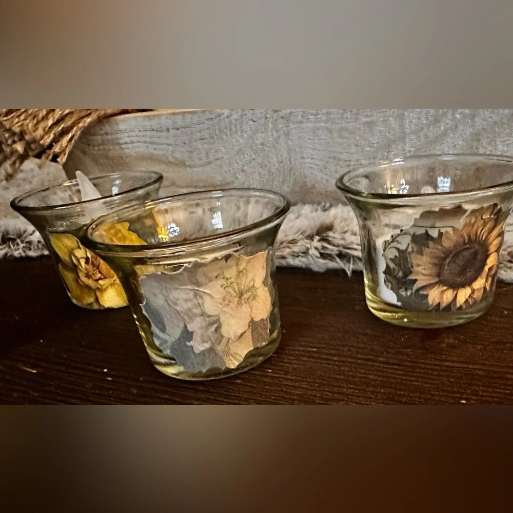 Hand Crafted Yellow and Cream Floral Glass Candle Holders